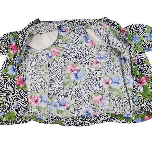 Vintage Hawaiian Cardigan Womens PL Large Petite 100% Linin Hibiscus Zebra Print - Picture 11 of 16